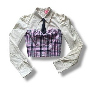 DollsKill | NWT’s Pink Plaid Preppy Academia Clueless Collar Long Sleeve Blouse